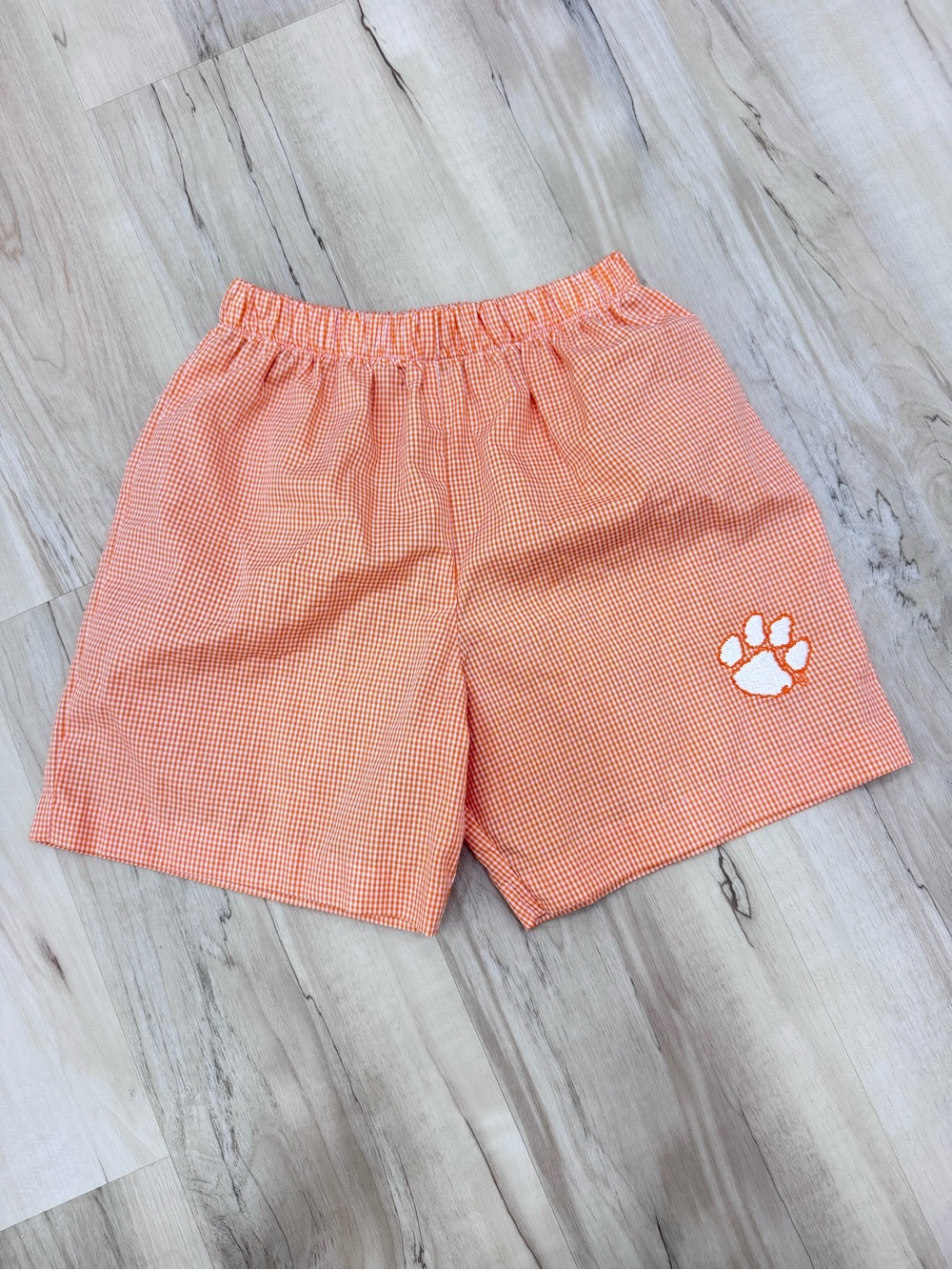 Vive La Fete Orange White Gingham cotton blend shorts Clemson Paw Sz 5